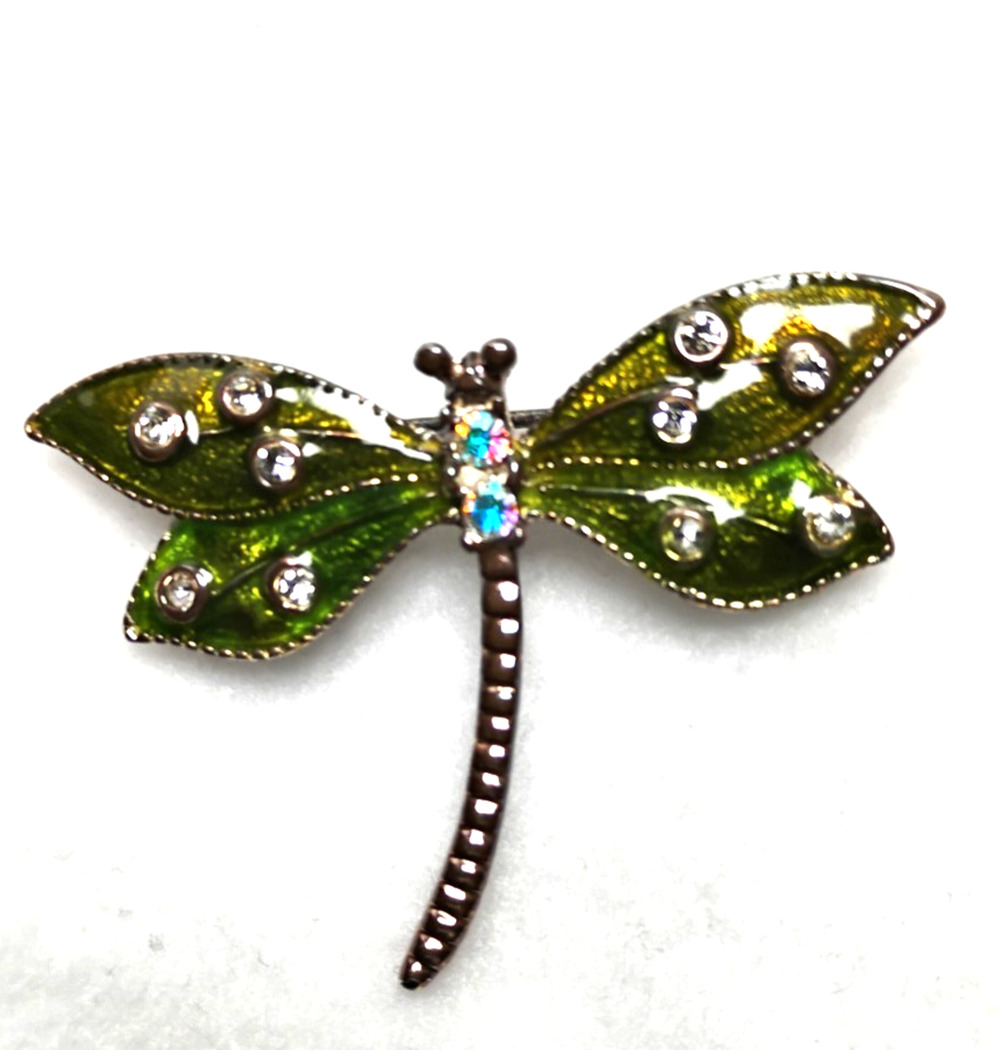 Green Enamel Dragonfly Brooch Pin Figural Rhinestone Wings Whimsical
